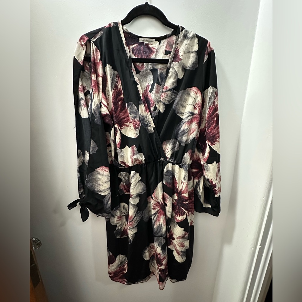 Black dress with pink/purple/white floral pattern